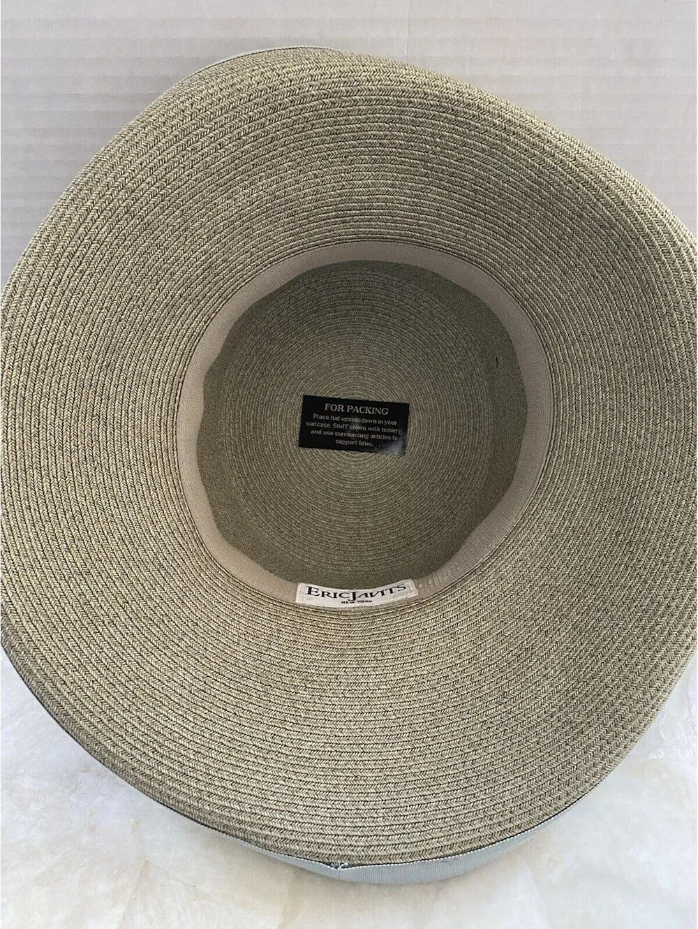 ERIC JAVITS Beige Natural Straw Wide Brim Fedora Floppy Sun Hat Blue Wide Bow